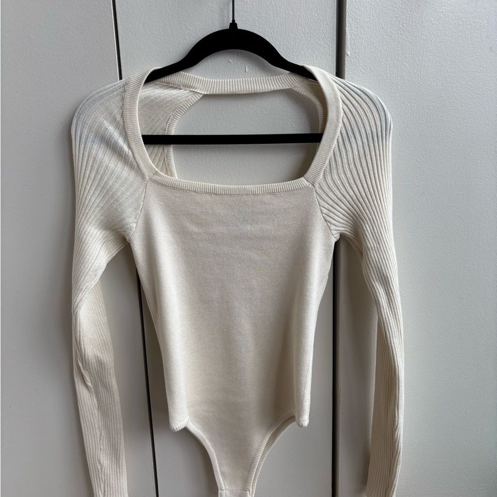 Forever 21 Cream Ribbed Square Neck Bodysuit
